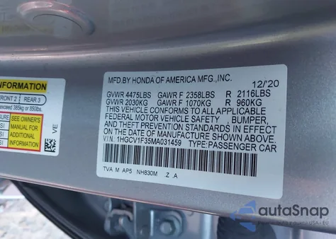 2021 Honda Accord Sport z USA, uszkodzony, nr VIN 1HGCV1F35MA031459
